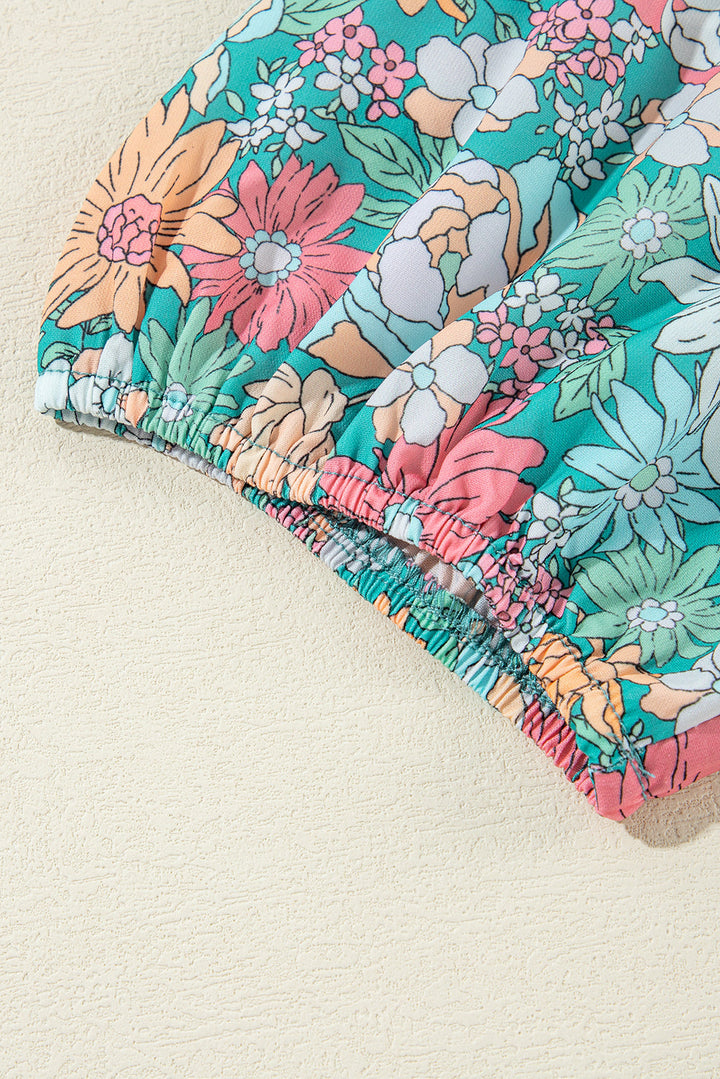 notched neck puff short sleeve floral blouse