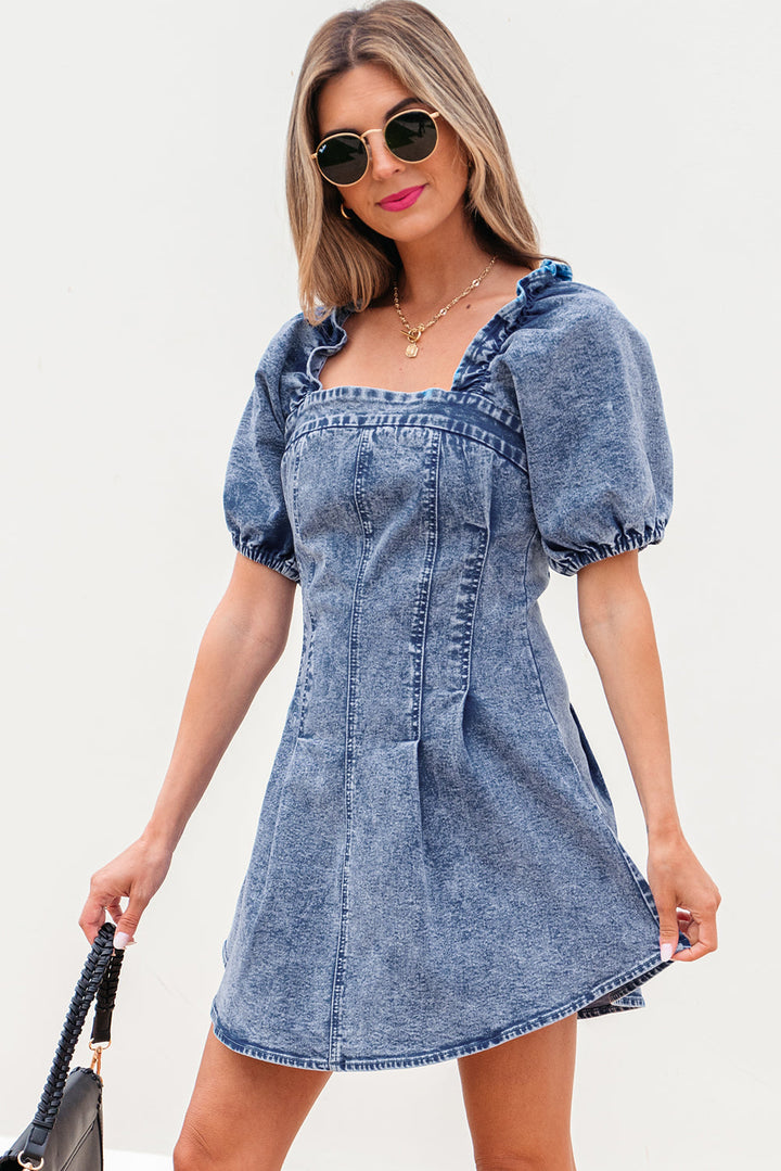 frilly square neck bustier puff sleeve short denim dress