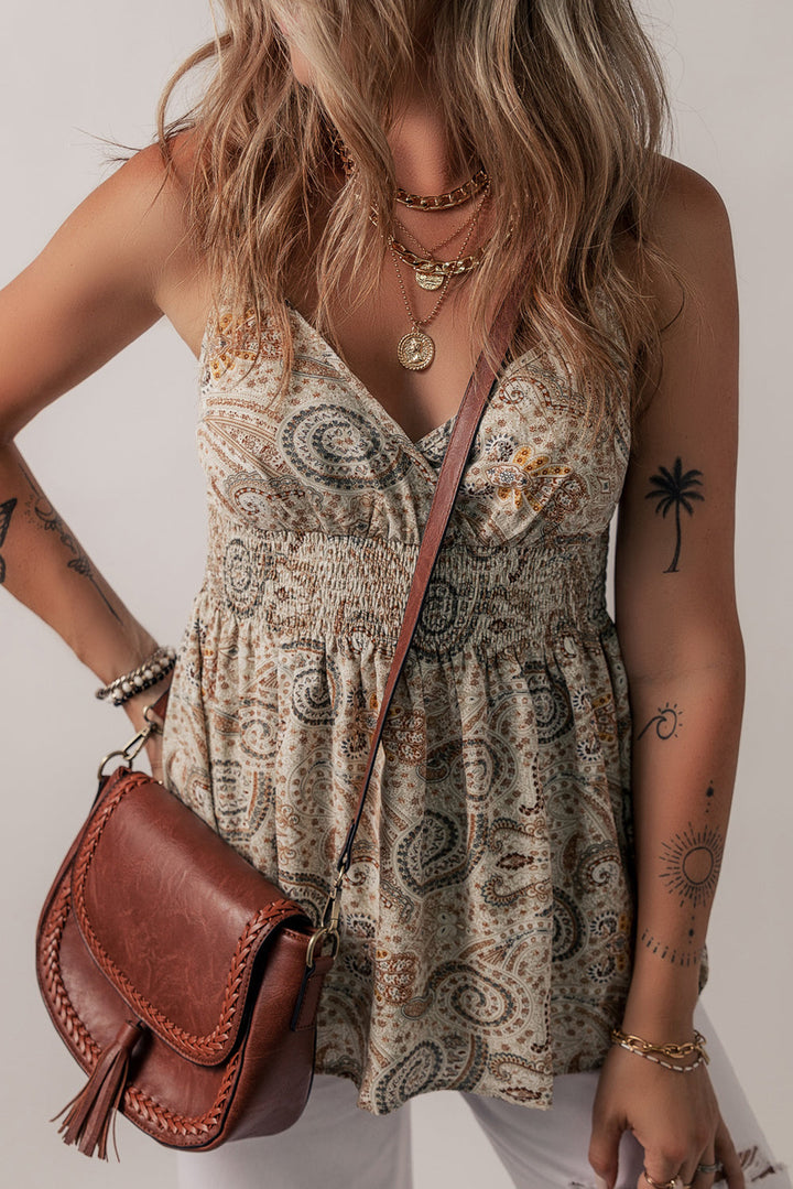 Paisley Printed Spaghetti Strap V Neck Smocked Babydoll Tank Top