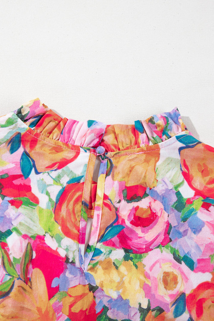 Lace Trim Ruffle Short Sleeve Floral Blouse