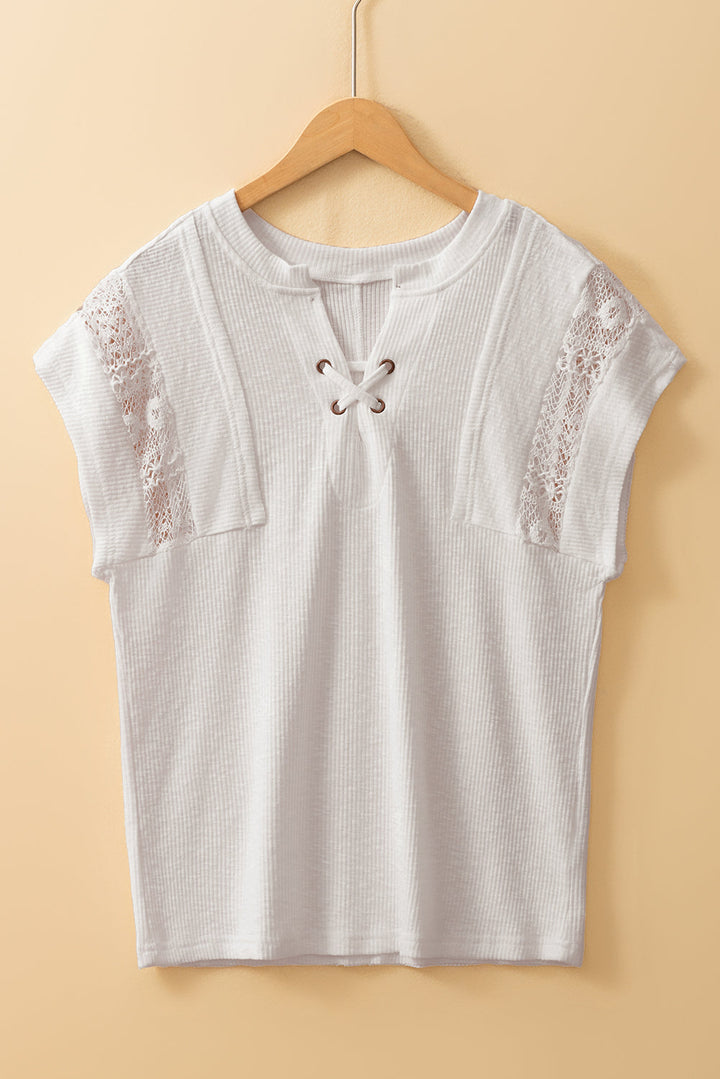 ribbed texture lace patchwork short sleeve top