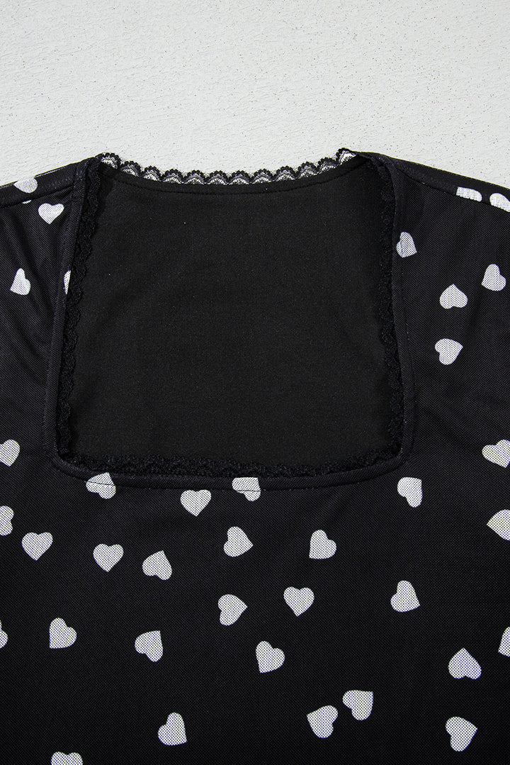 Heart Shape Mesh Patchwork Square Neck Bodysuit