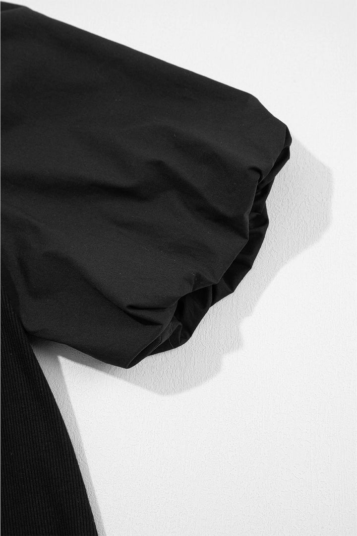 ribbed patchwork puff sleeve half button placket slim fit top