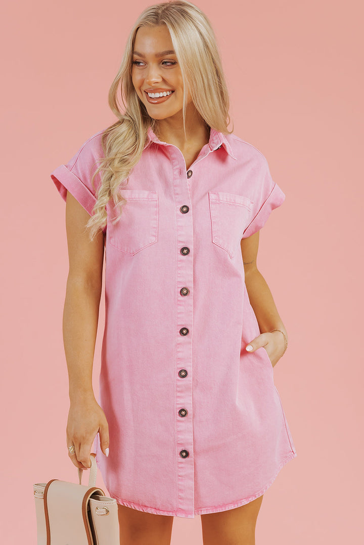 Short Sleeve Double Chest Pocket Denim Shirt Dress