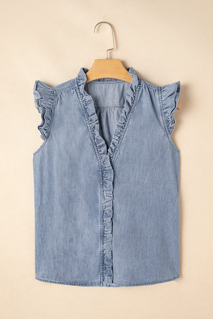 Frilly Ruffle Trim V Neck Chambray Tank Top