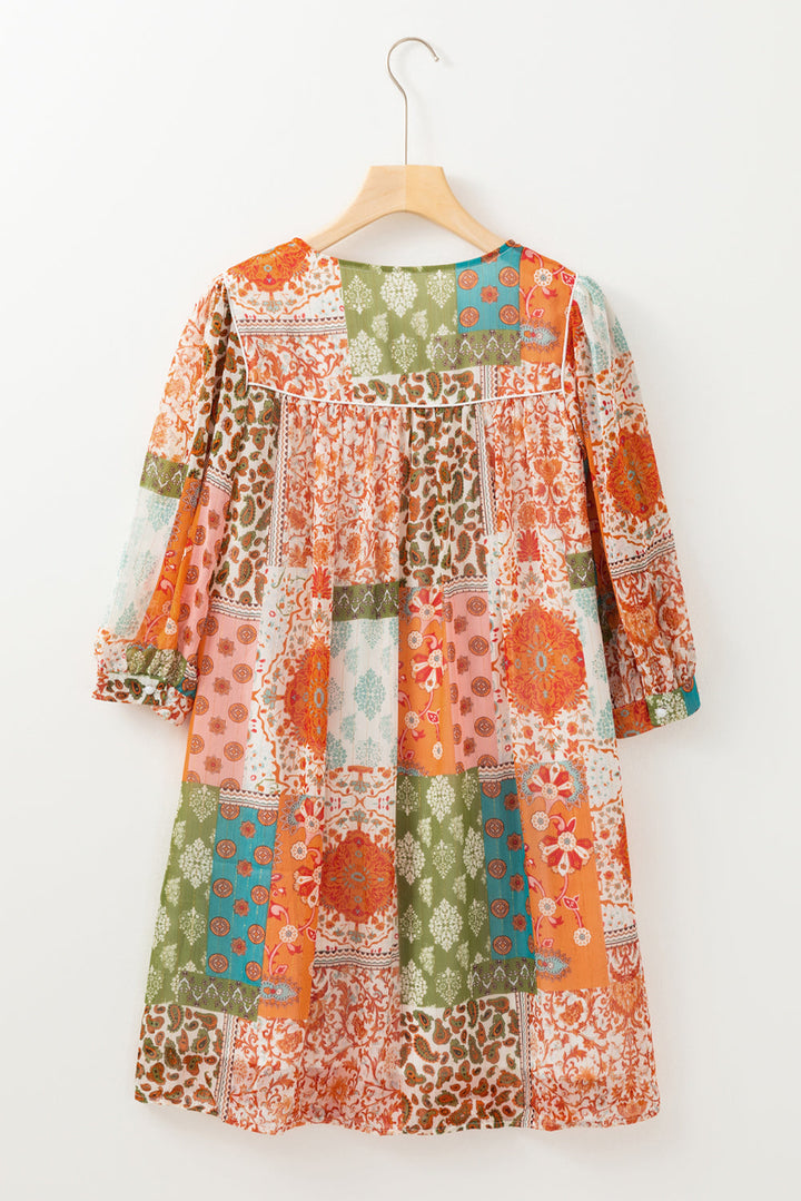 Boho Paisley Mixed Print 3/4 Sleeve Chiffon Loose Dress