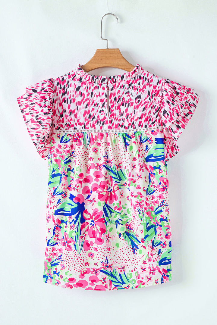 floral mixed print ruffle cap sleeve blouse
