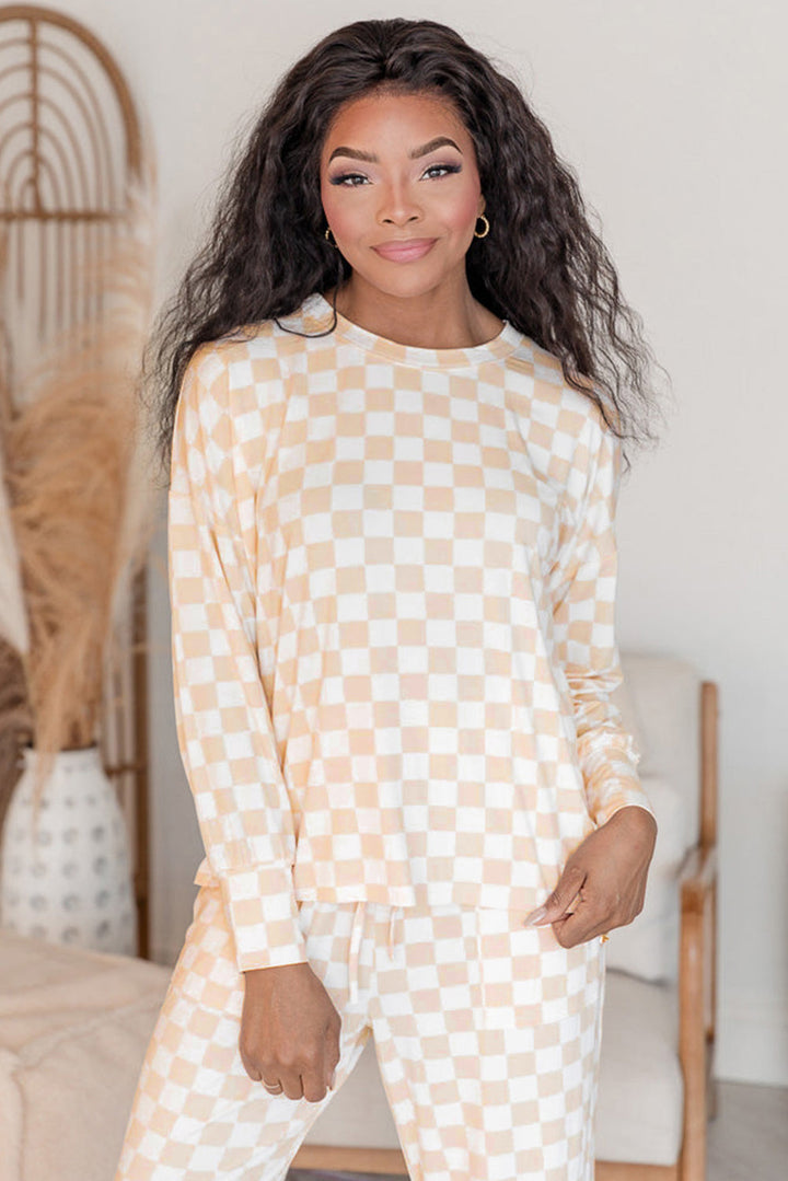 checkered print long sleeve top and pants lounge set 1