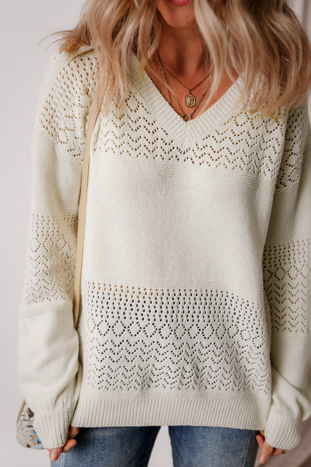 Eyelet Pattern Detail V Neck Drop Shoulder Sweater