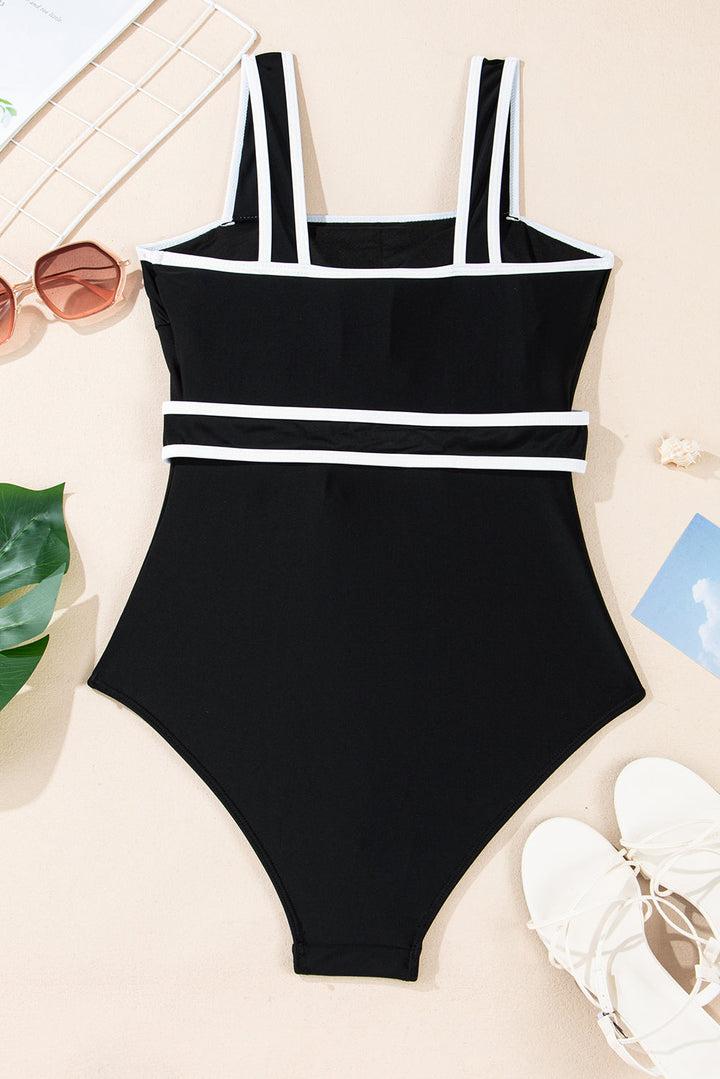 colorblock edge belted one piece swimsuit