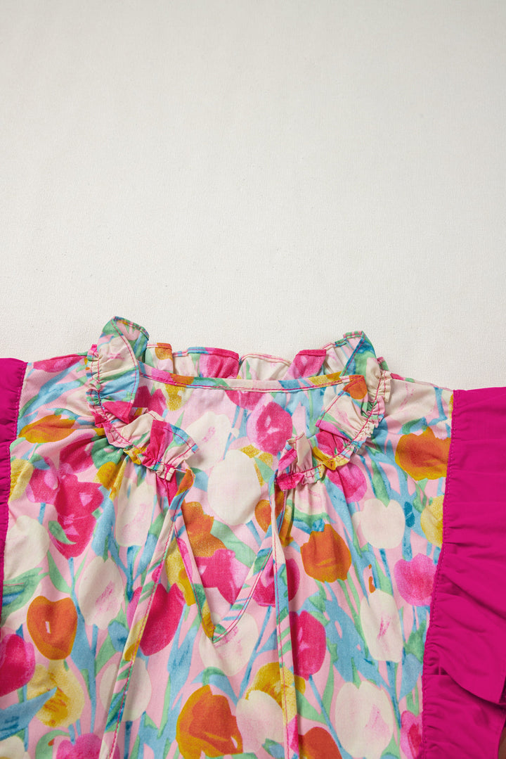 Floral Layered Ruffle Flutter Sleeve Tie V Neck Blouse