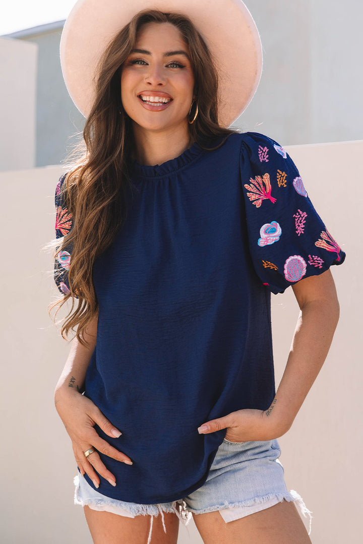Shellfish Coral Embroidery Puff Sleeve Frilled Neck Blouse
