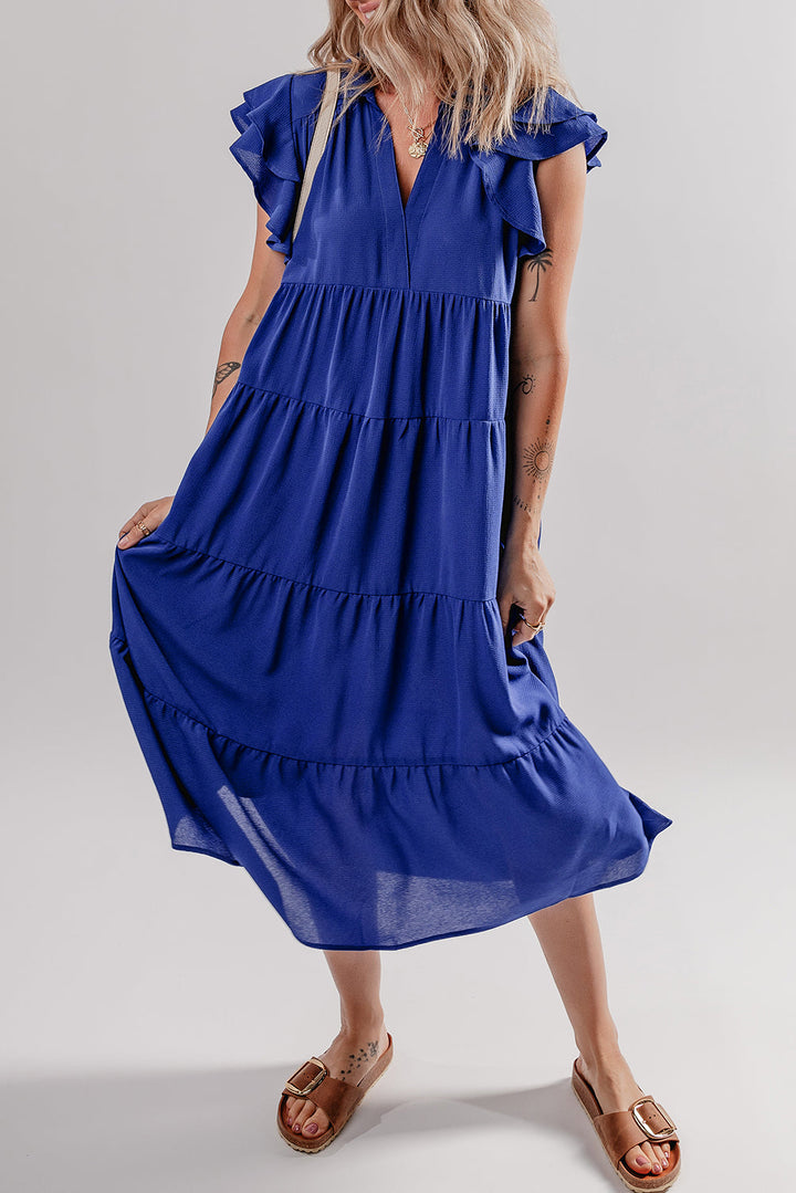 Ruffled Short Sleeve Collared V Neck Tiered Midi Dress