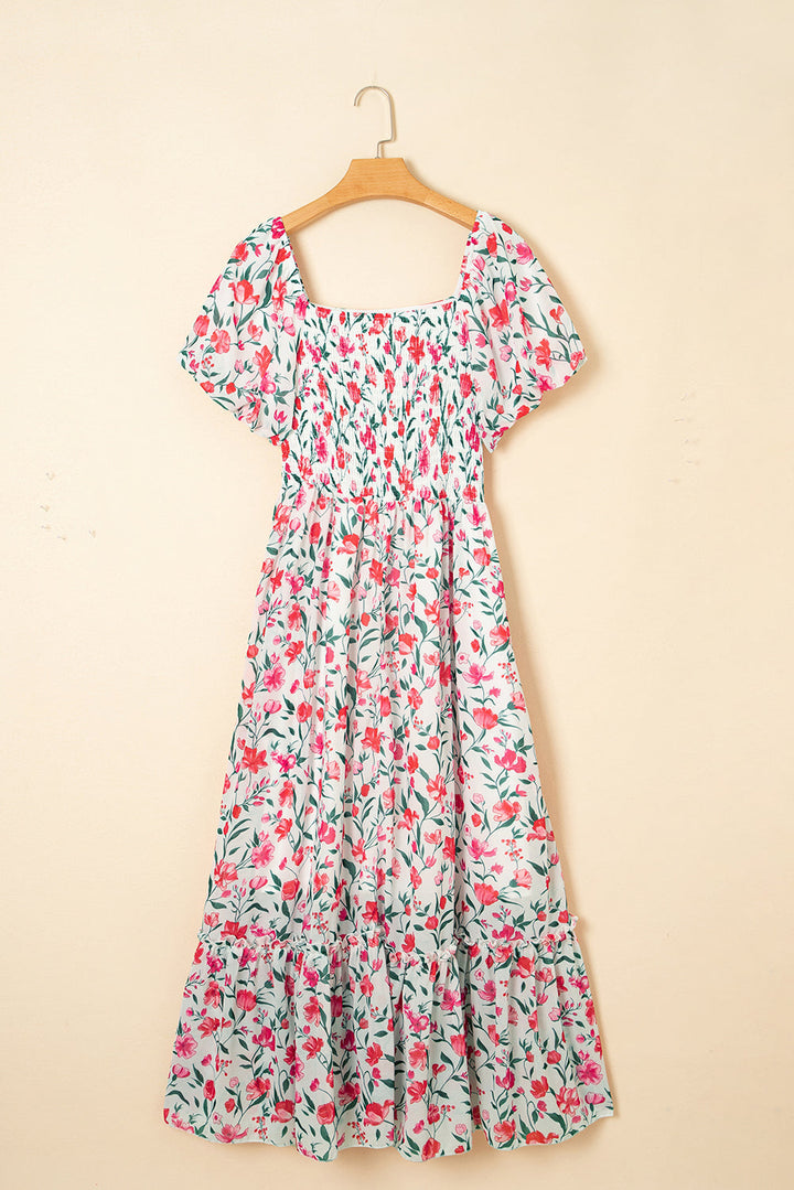 floral puff sleeve square neck empire waist tiered maxi dress
