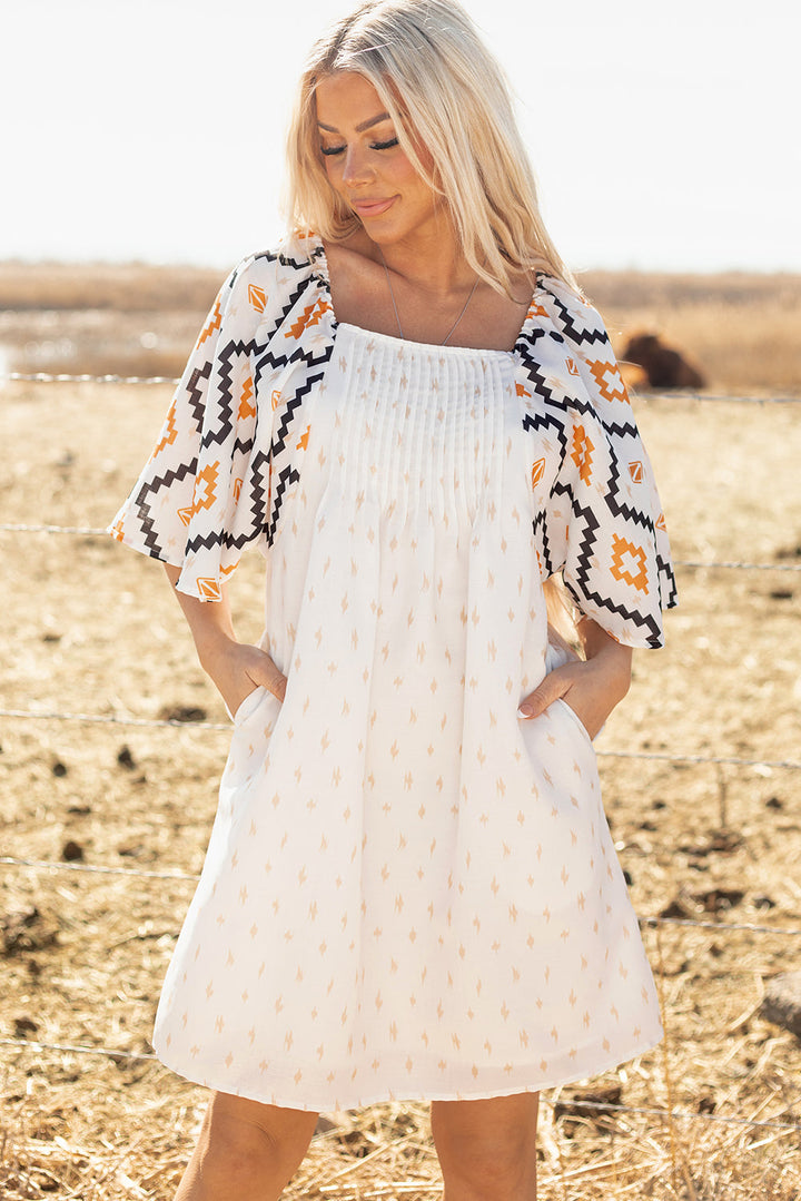 Western Aztec Print Pleated Square Neck Loose Mini Dress