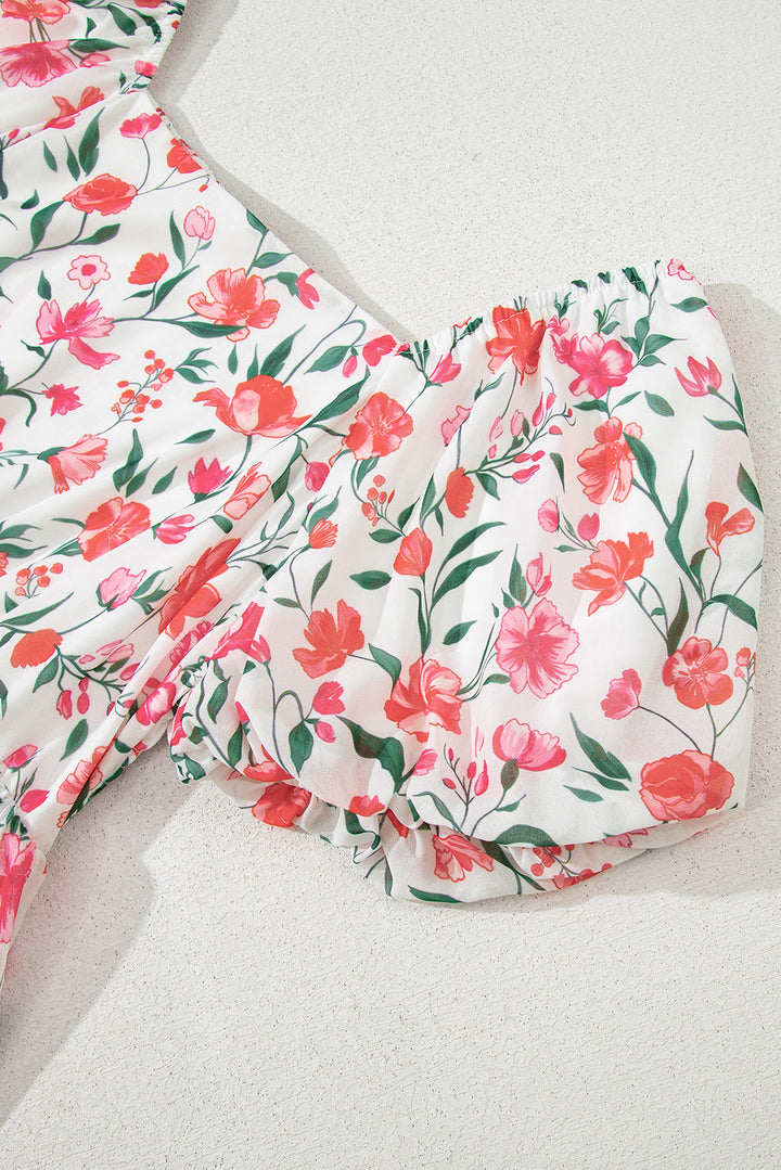 floral puff sleeve square neck empire waist tiered maxi dress