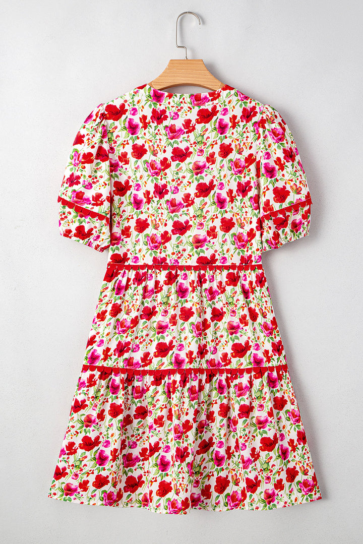floral puff sleeve tiered ric rac pocketed mini dress