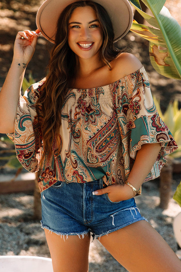 Paisley Printed Shirred Off Shoulder Ruffled Draped Sleeve Blouse