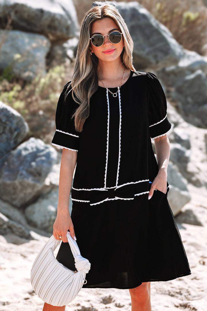 Contrast Scallop Trim Bow Detail Half Sleeve Shift Dress