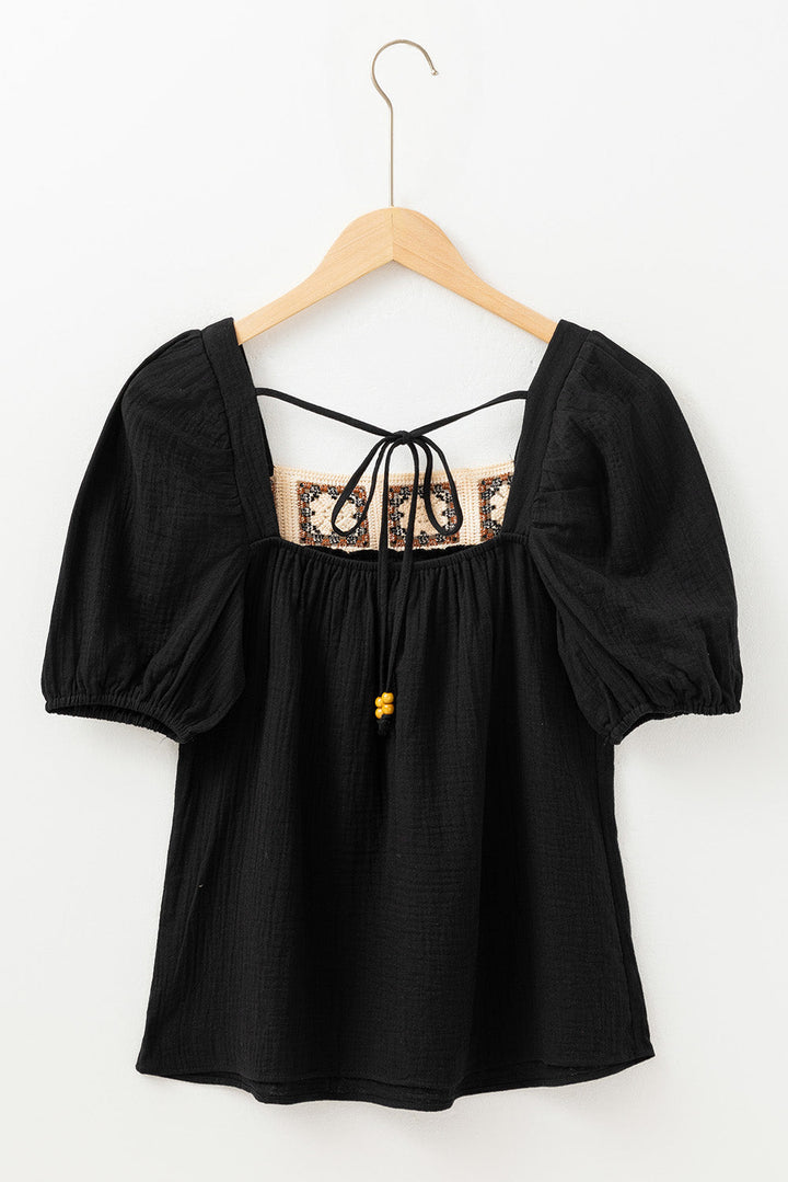 Flower Crochet Square Neck Textured Short Sleeve Blouse