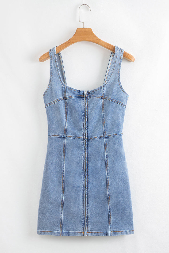 seamed zipper square neck sleeveless denim mini dress