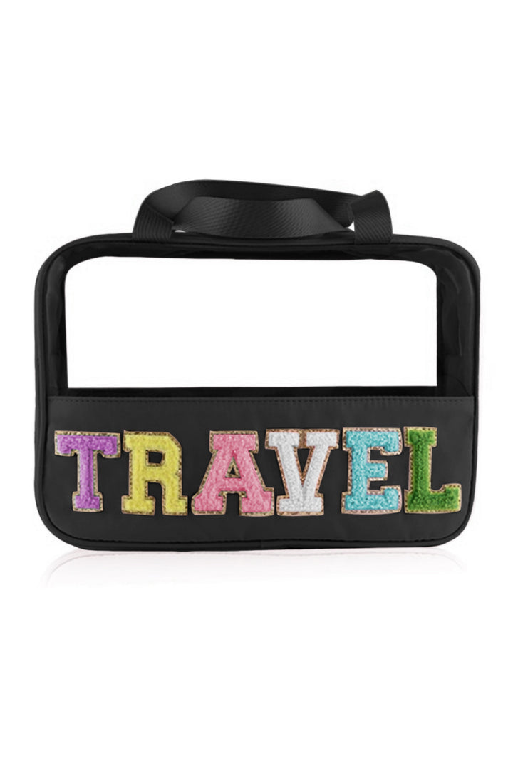 Trousse de maquillage TRAVEL en PVC transparent avec lettres en chenille