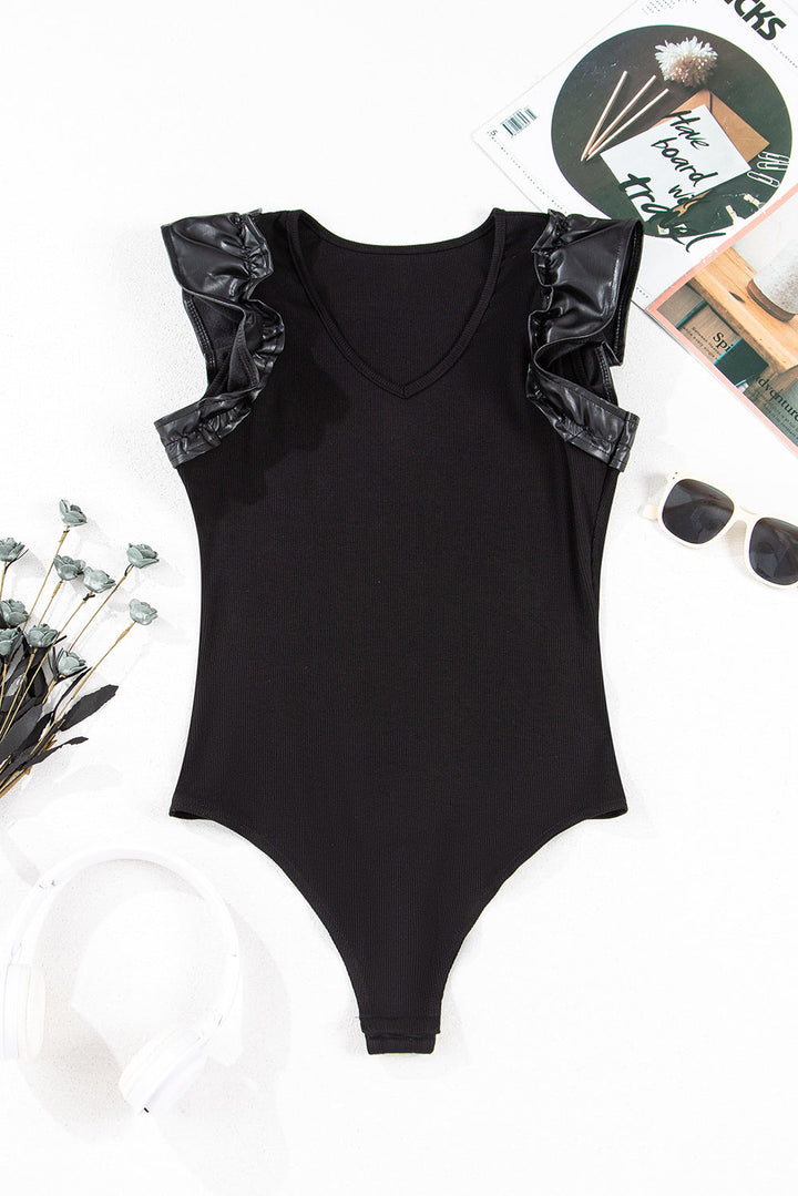 Leatherette Ruffle Patchwork Ribbed V Neck Bodysuit