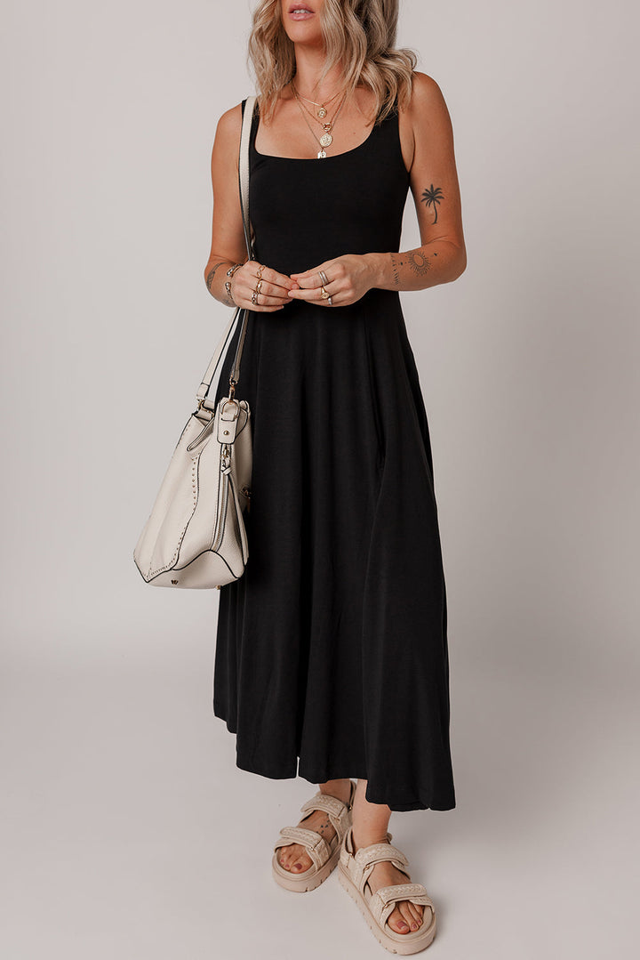 Sleeveless Scoop Neck Flared Split Midi Dress