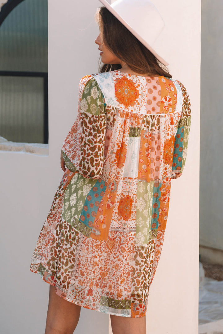 Boho Paisley Mixed Print 3/4 Sleeve Chiffon Loose Dress
