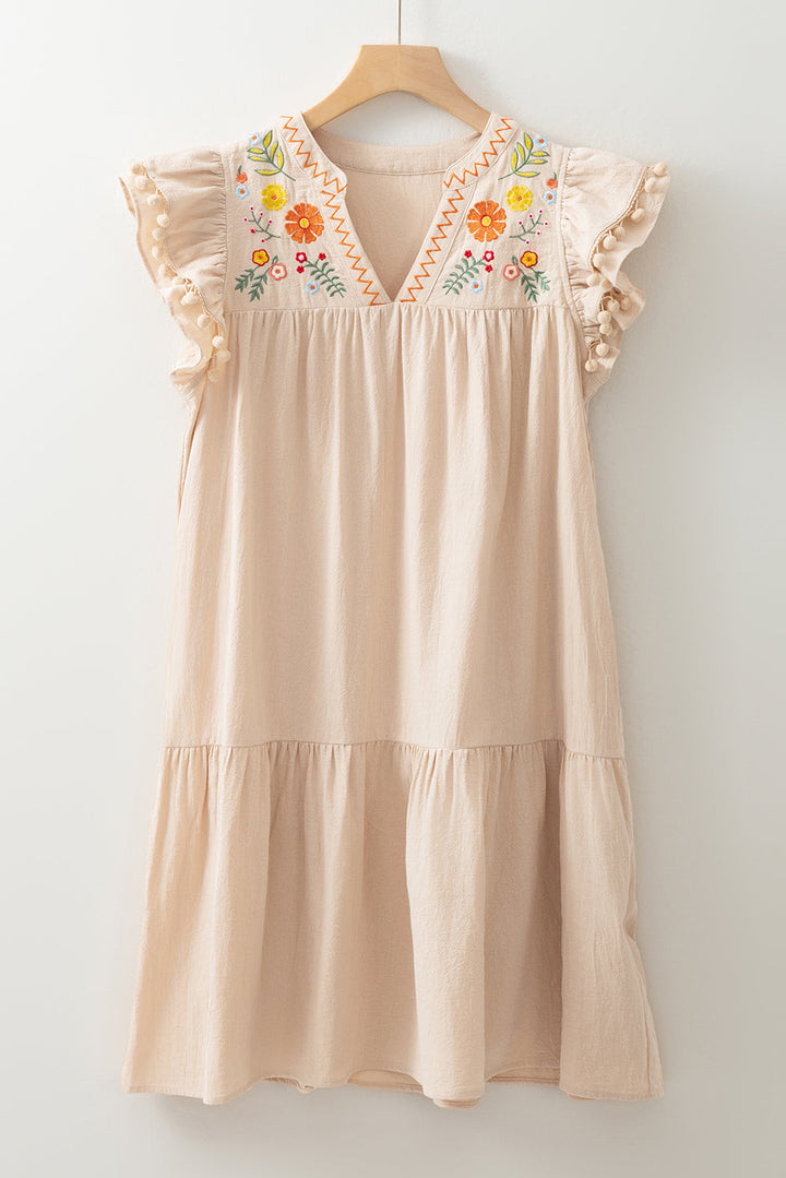 linen embroidery split neck pom pom ruffle sleeves flowy short dress