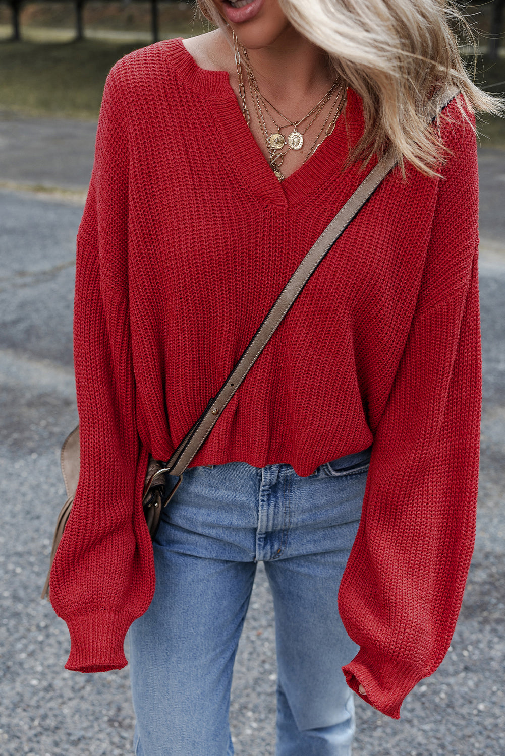 Solid Textured Knit V Neck Drop Shoulder Sweater