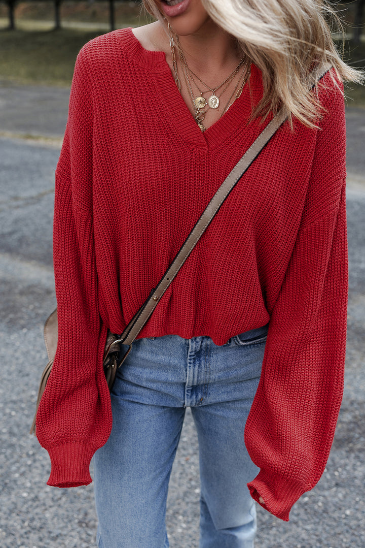 Solid Textured Knit V Neck Drop Shoulder Sweater