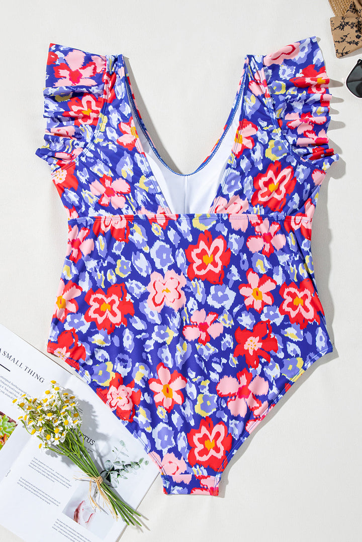 Floral Print Ruffled V Neck High Waist One Piece Swimwear
