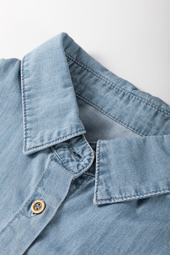 Folded Short Sleeve Patched Pocket Denim Shirt