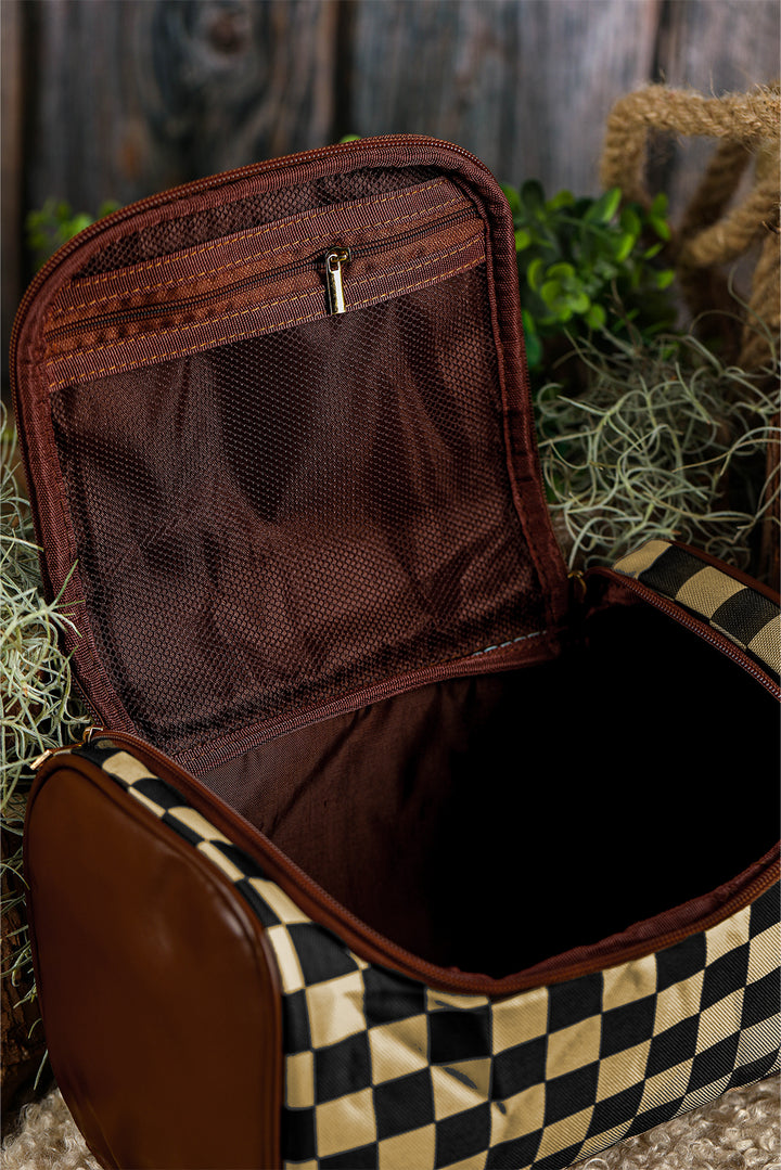 Trousse de maquillage zippée en cuir PU à carreaux