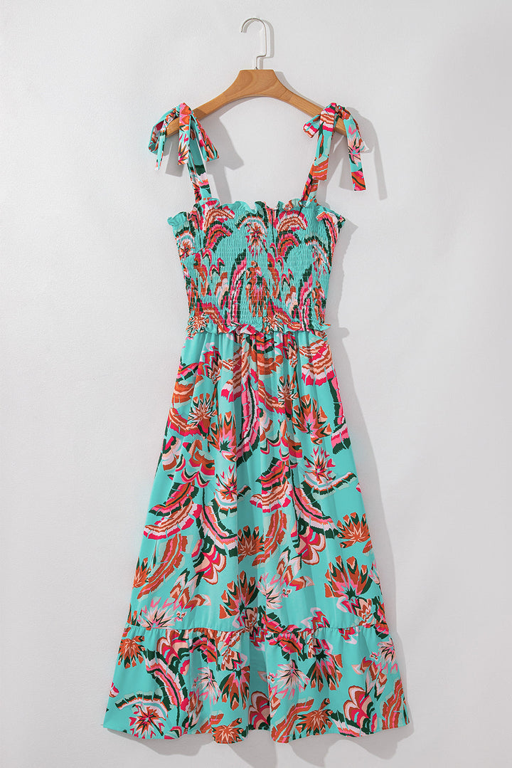 Abstract Print Smocked Bodice Knotted Straps Ruffled Maxi Dress