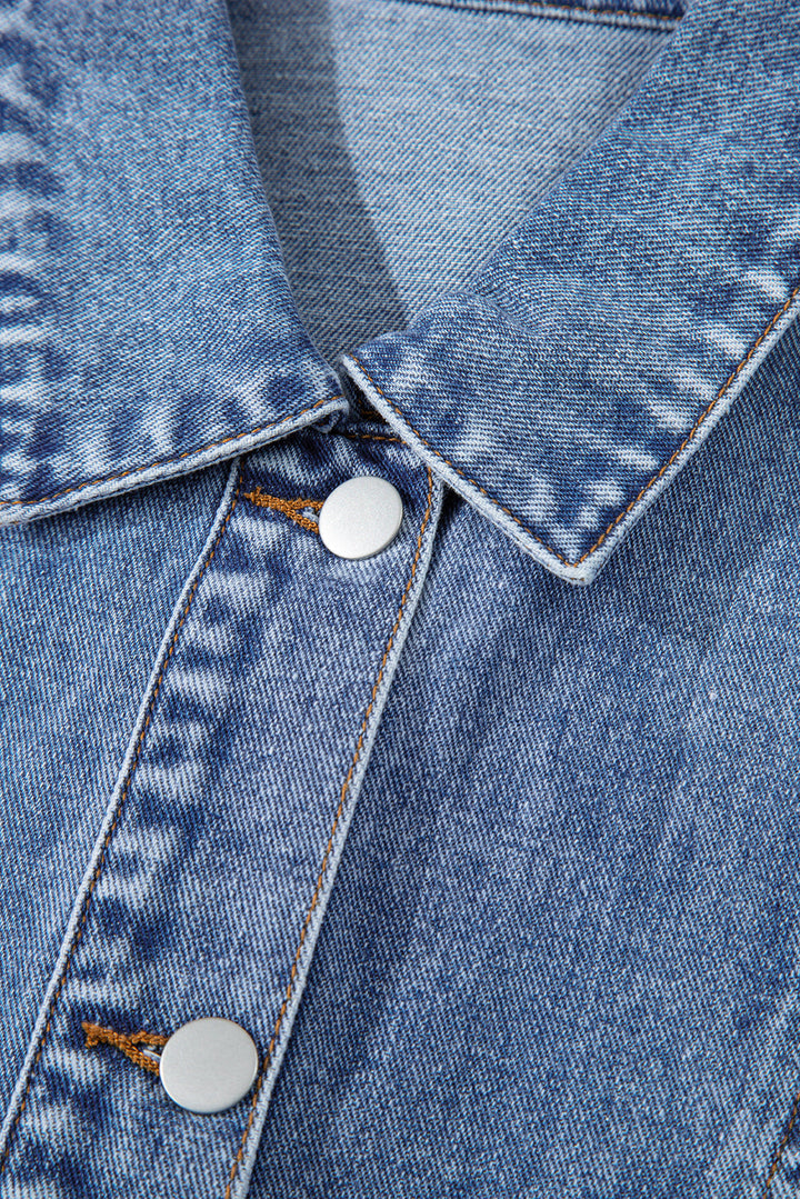 Acid Wash Elastic Hem Button Up Denim Vest