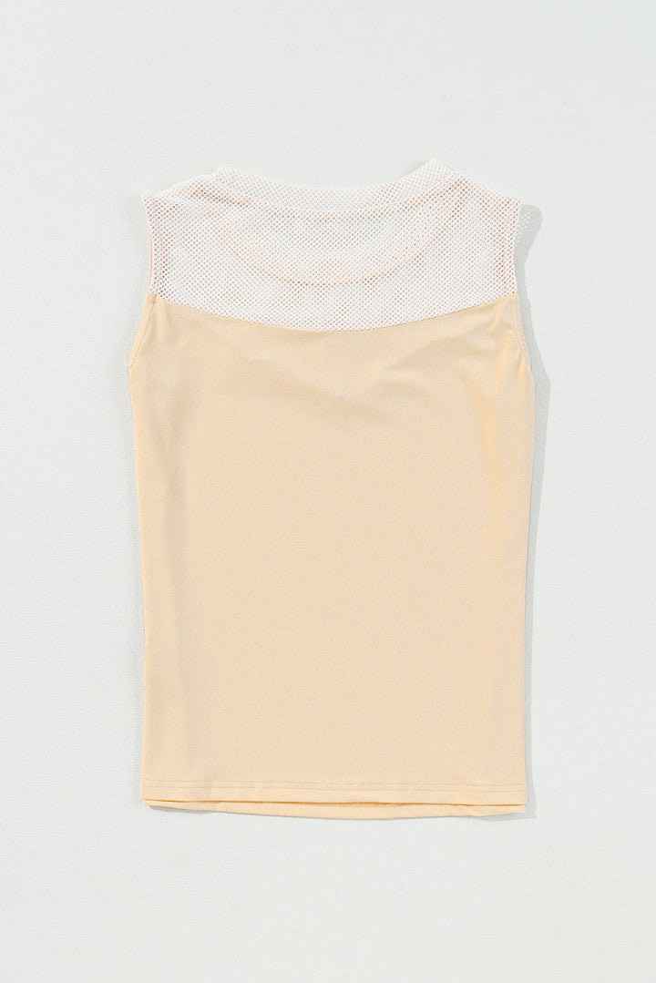 Solid Mesh Patchwork Crew Neck Tank Top