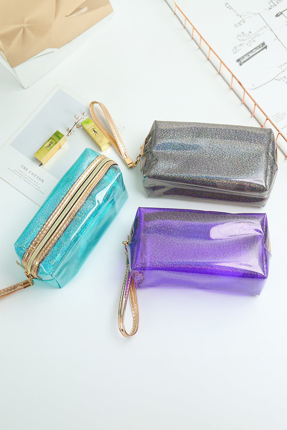 Trousse de maquillage carrée en PU de couleur unie