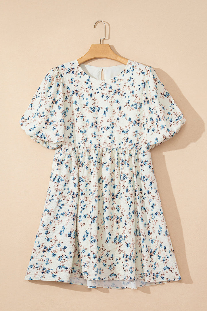floral puff short sleeve empire waist mini dress