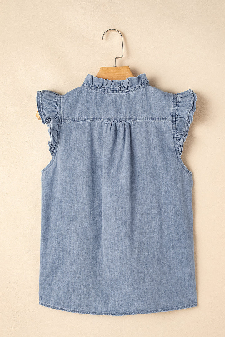 Frilly Ruffle Trim V Neck Chambray Tank Top