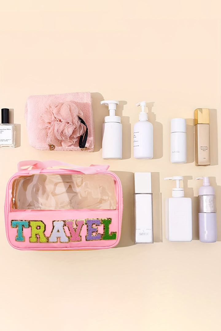 Trousse de maquillage TRAVEL en PVC transparent avec lettres en chenille