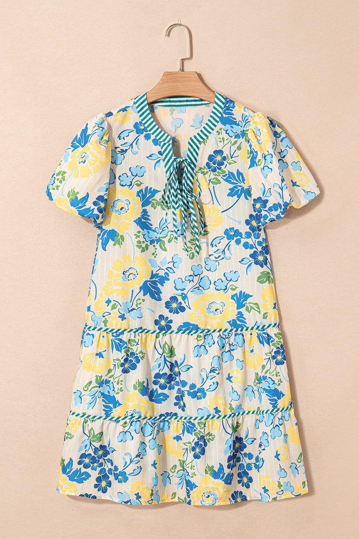 floral striped trim puff short sleeve dress