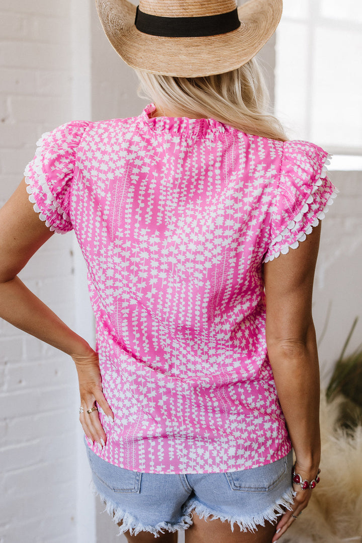 abstract print ric rac trim flutter sleeve notch v neck blouse