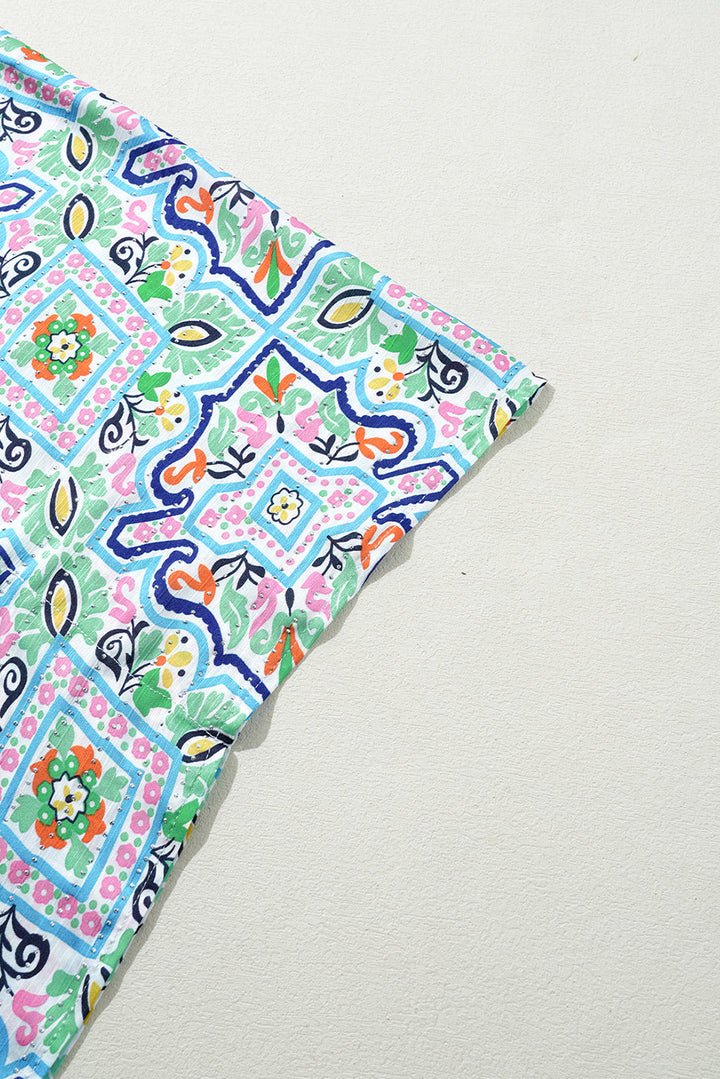 Boho Floral Printed Rhinestone 3/4 Sleeve Open Front Kimono