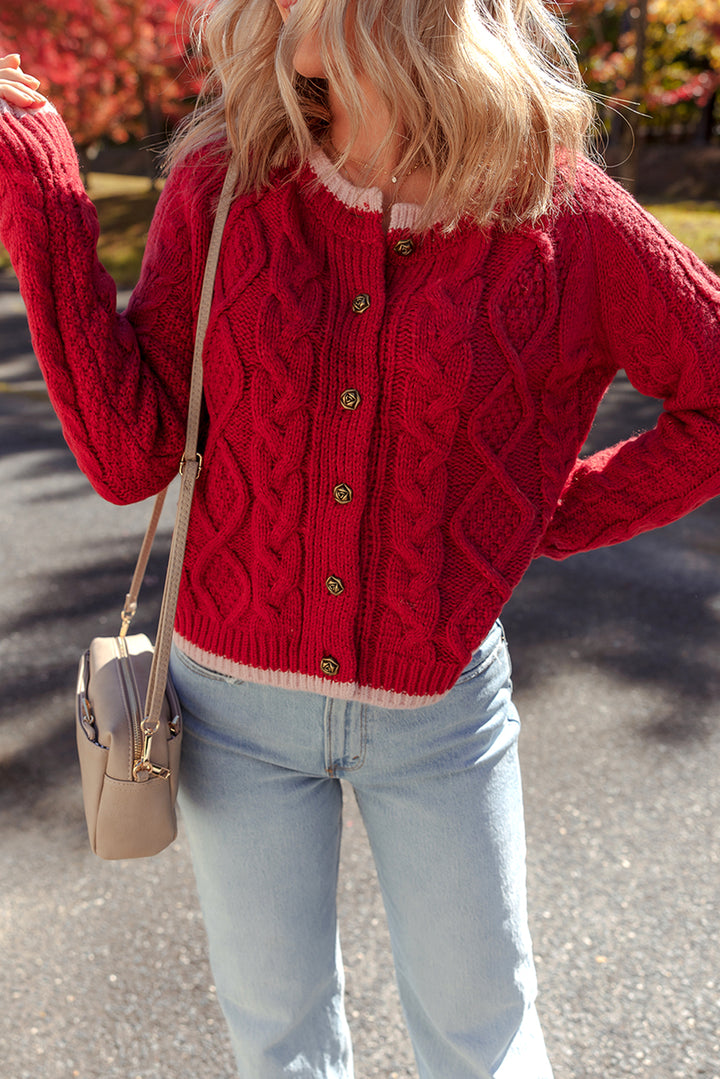 Color Contrast Edge Cable Knit Buttoned Cardigan