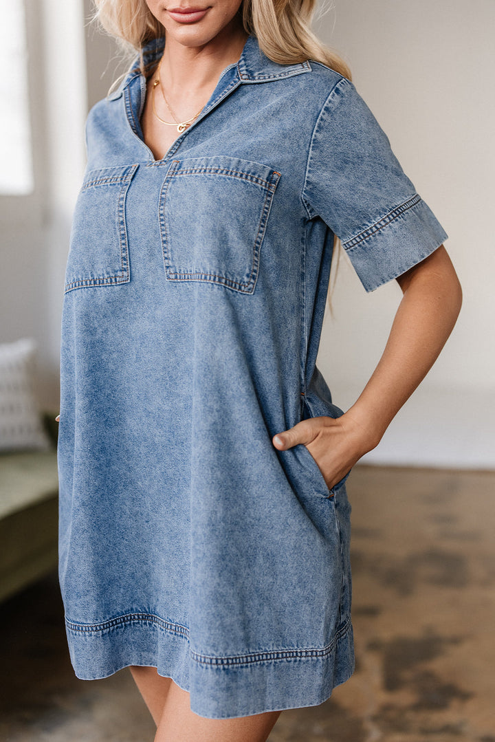 Short Sleeve Collared Patched Pocket Denim Mini Dress