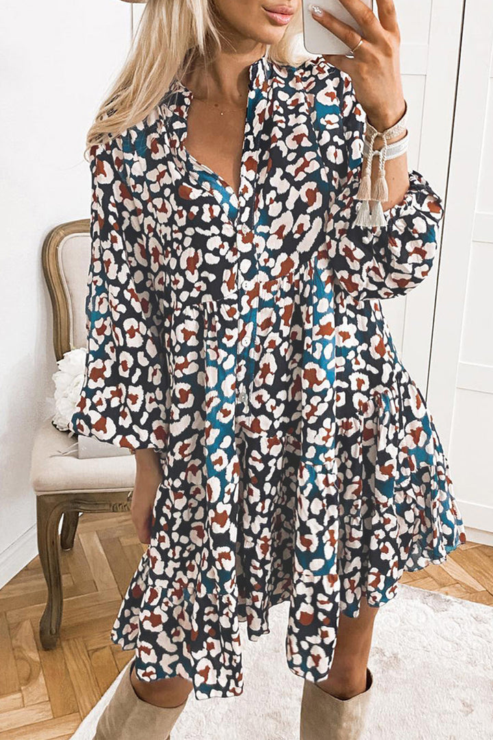 Leopard Print Bubble Sleeve Ruffled Shirt Dress