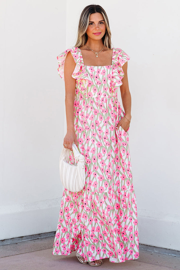 Floral Print Square Neck Ruffled Strap Maxi Dress