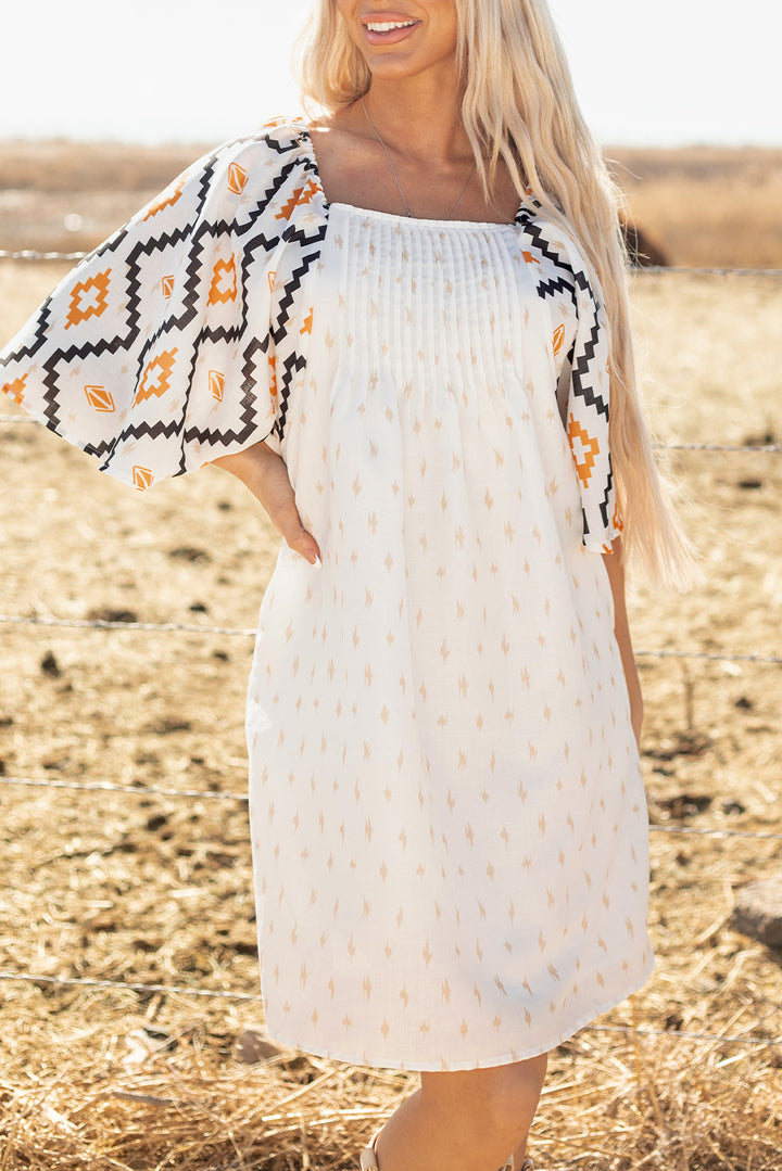 Western Aztec Print Pleated Square Neck Loose Mini Dress